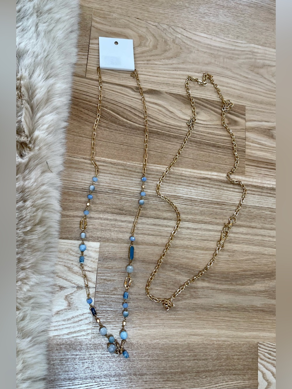 2- Gold and Blue Beaded Layered Chain Necklaces - Women Jewelry